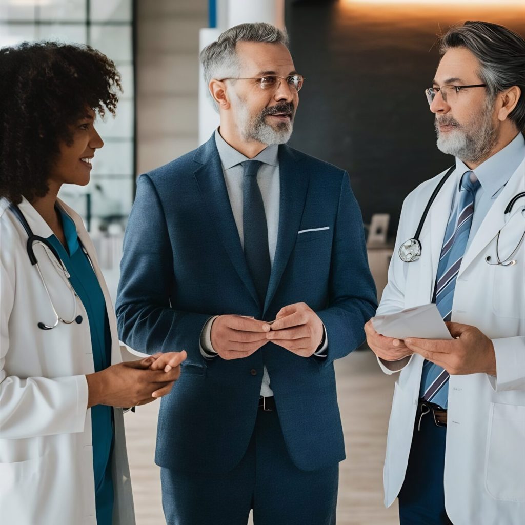 smiling-mature-financial-advisor-doctors-communicating-while-standing-lobby-medical-cli